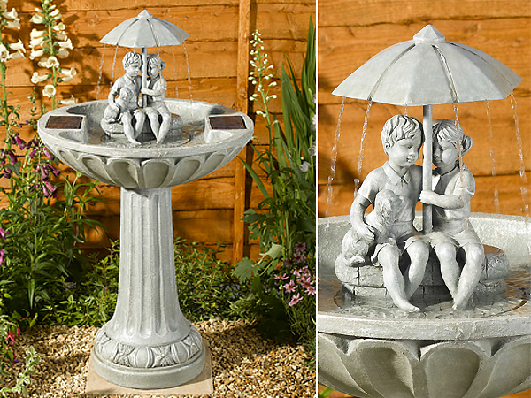 Large image of Smart Solar - Boy and Girl Umbrella Solar Birdbath Fountain - Stone Effect